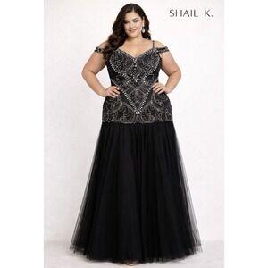 Shail K Beaded Embellished Off Shoulder Maxi Dress Formal Gown Black SZ 24